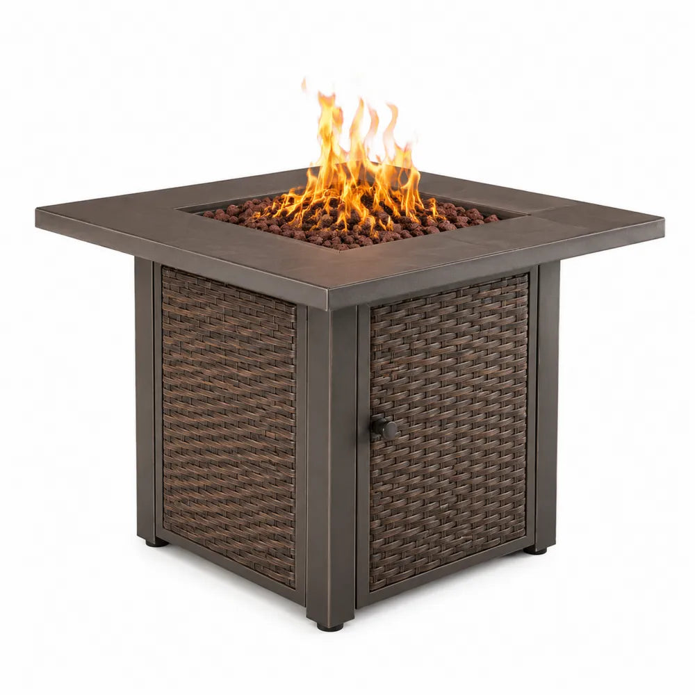 Stół ogrodowy z paleniskiem gazowym rattan stal brązowy 86x86x70 cm