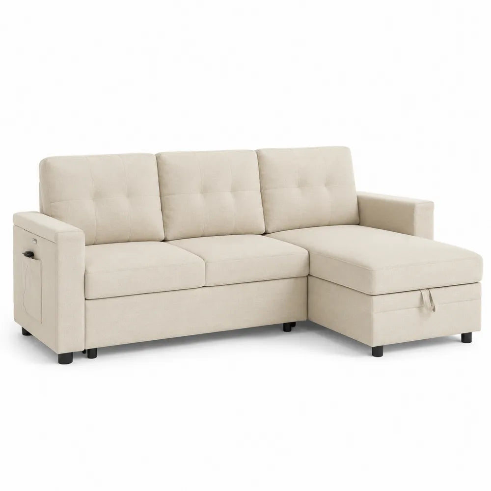 Narożna sofa tapicerowana z funkcją spania i schowkiem, beżowa