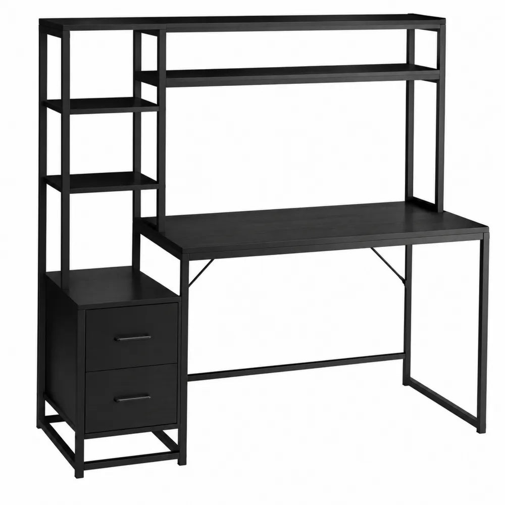 Biurko metalowe z półkami i szufladami czarne MDF stal