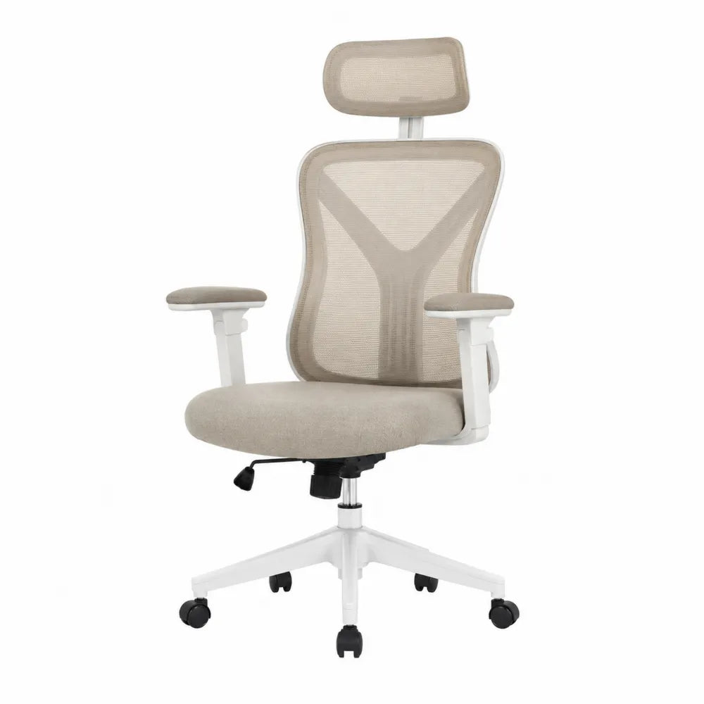 Ergonomiczne krzesło biurowe z siatki z zagłówkiem, beżowe