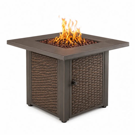 Stół ogrodowy z paleniskiem gazowym rattan stal brązowy 86x86x70 cm