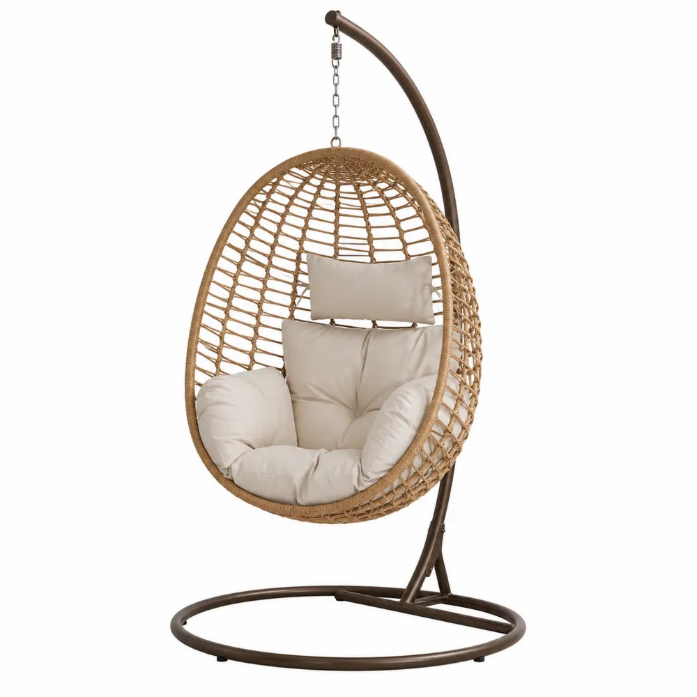 Wiszący fotel z wikliny syntetycznej i poduszkami beżowy