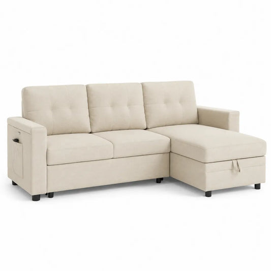 Narożna sofa tapicerowana z funkcją spania i schowkiem, beżowa