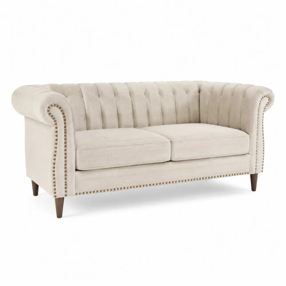 Dwuosobowa sofa z bawełny z ozdobnymi nitami kremowa