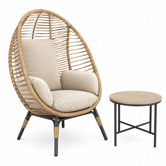Rattanowy fotel ogrodowy i okrągły stolik boczny, beżowy/naturalny rattan