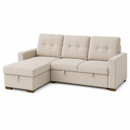 Narożna sofa z funkcją spania, beżowa, poliester i drewno