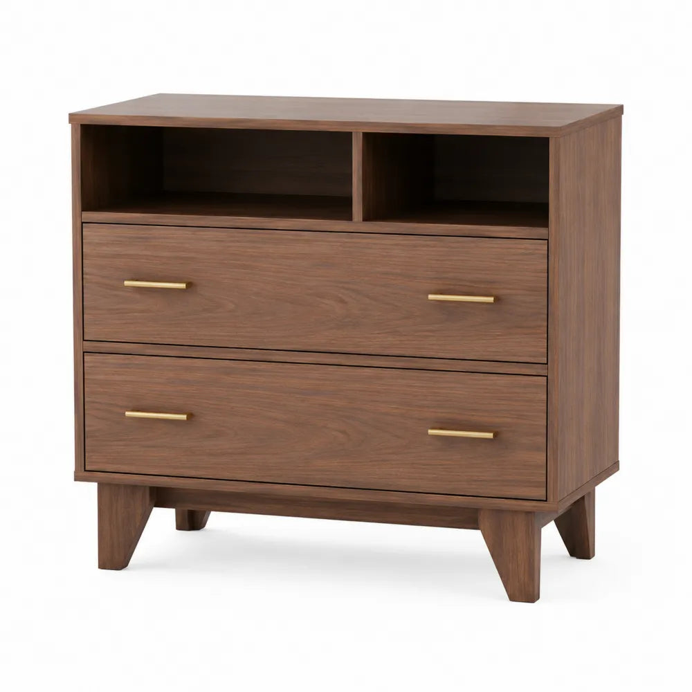 Komoda drewniana MDF dąb 2 szuflady złote uchwyty 80x40x80cm