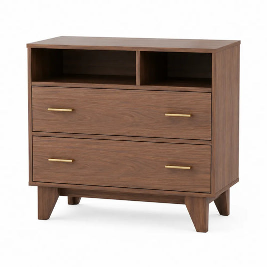 Komoda drewniana MDF dąb 2 szuflady złote uchwyty 80x40x80cm