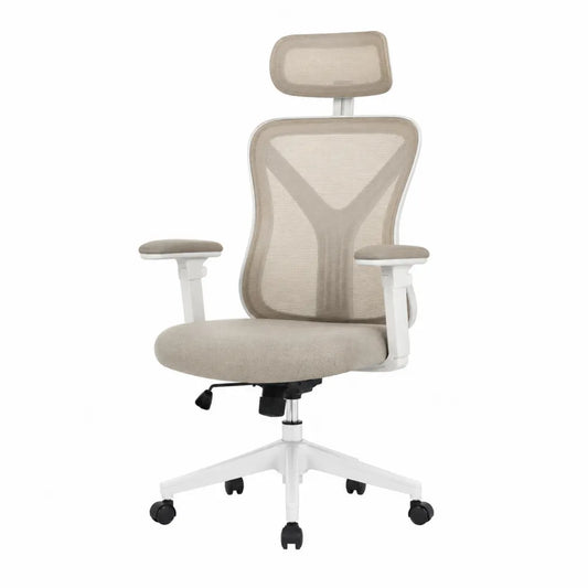 Ergonomiczne krzesło biurowe z siatki z zagłówkiem, beżowe