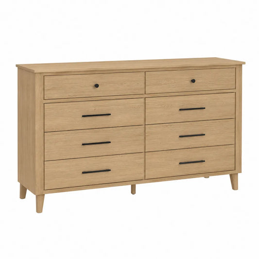 Komoda drewniana MDF z okleiną dębową 8 szuflad jasny dąb 120x40x75 cm